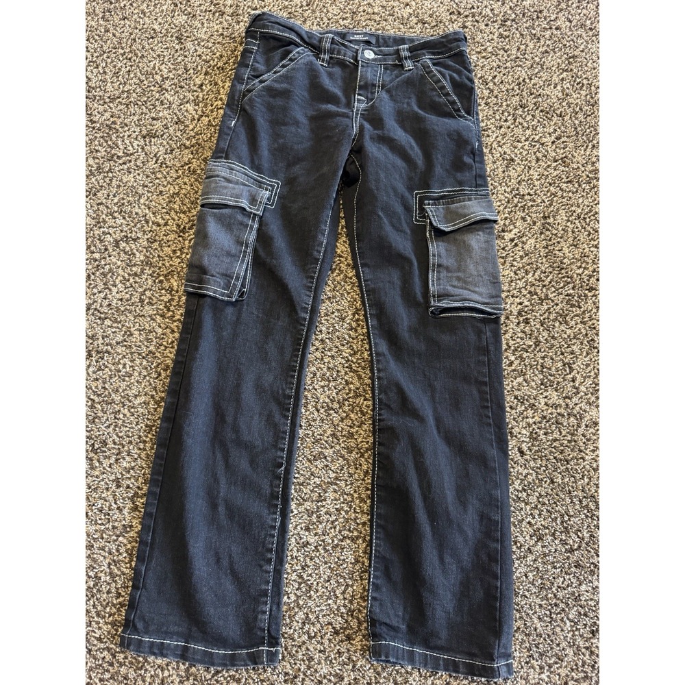 True Religion Ricky Relaxed Straight Cargo Jeans Boys Size 14 Black White Stitch